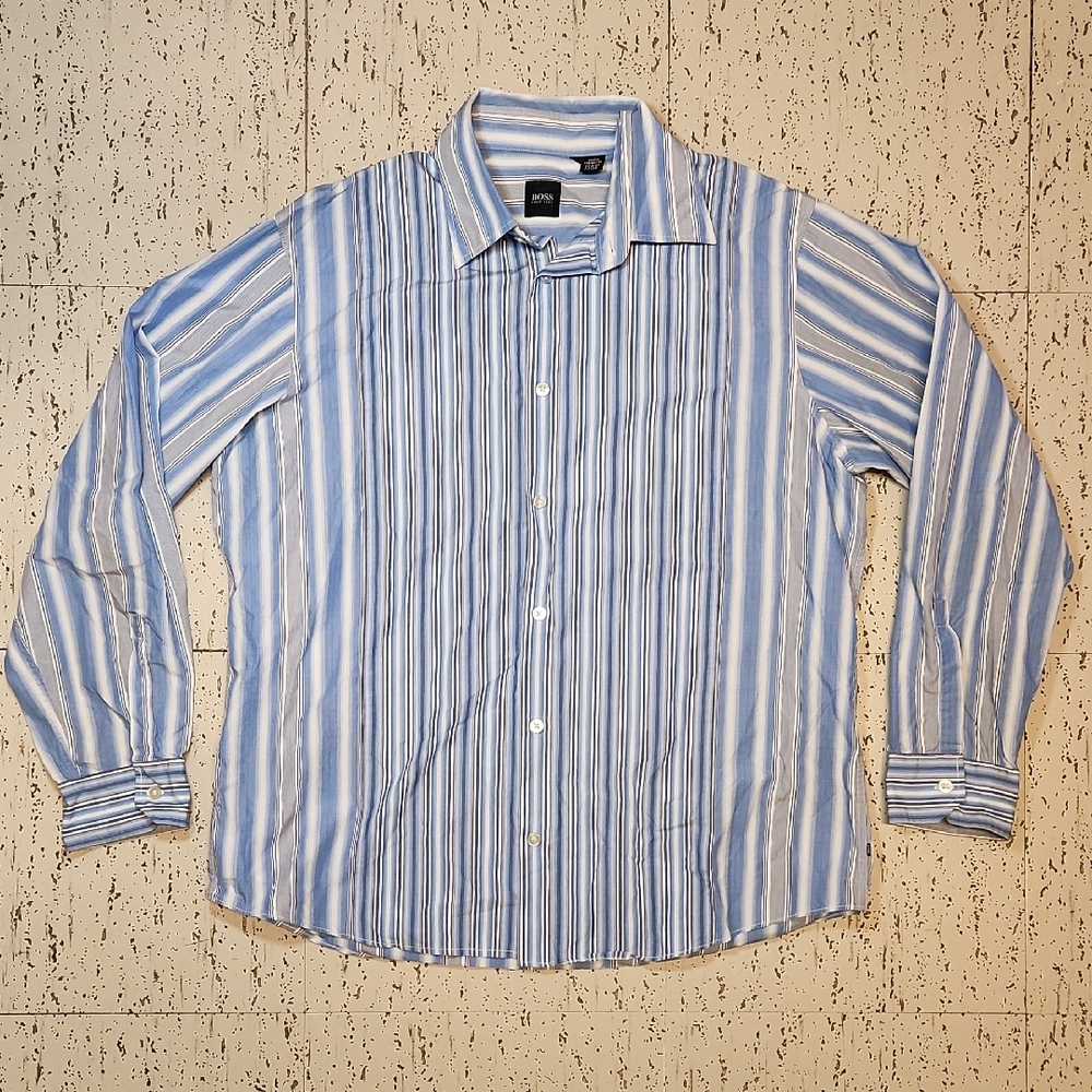 Hugo Boss Blue & White Stripe Button Down Long Sleeve Casual Dress Shirt